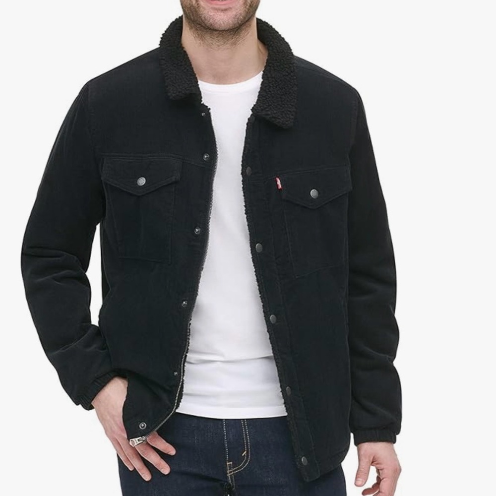 Levi’s Corduroy Sherpa Trucker Jacket with Zip and Snap Closure Black Coat (S)